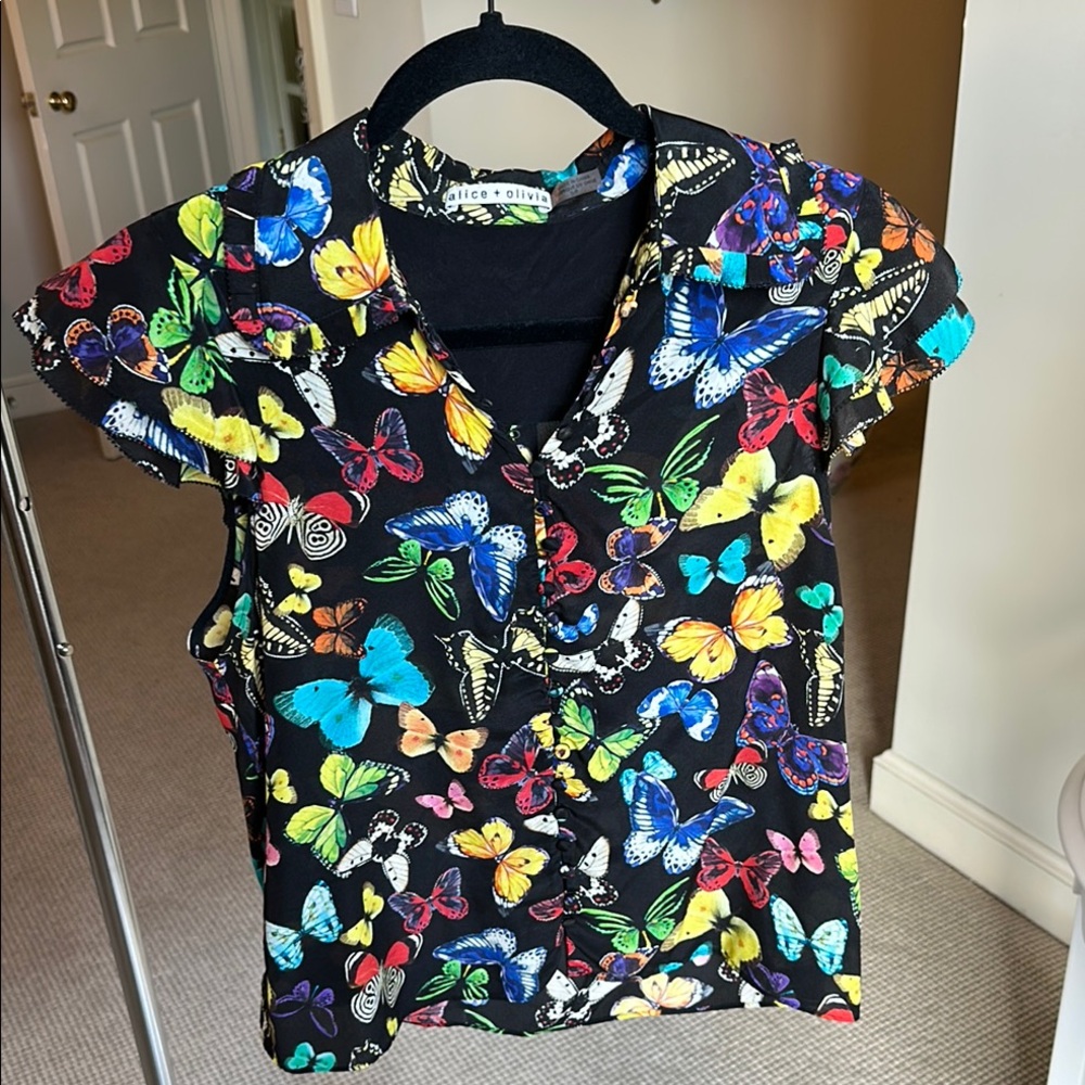 Alice + Olivia Black Buttoned Polo Blouse